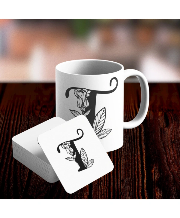 T Harfi Tasarımlı Kupa ve Bardak Altlığı Seti