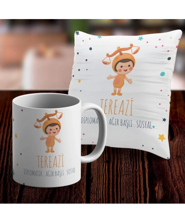 Terazi Tasarımlı Sevimli Kupa ve Yastık Kılıfı Seti