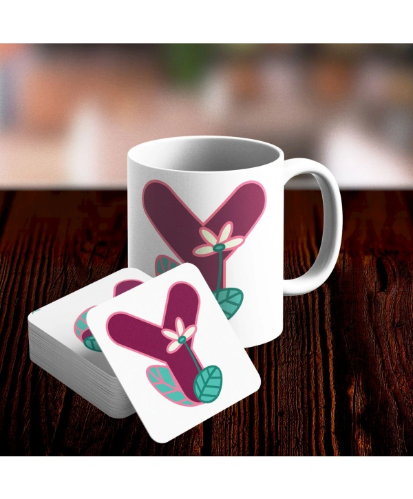 Y Harfi Tasarımlı Kupa ve Bardak Altlığı Seti