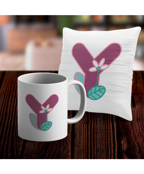 Y Harfi Tasarımlı Kupa ve Yastık Kılıfı Hediye Seti