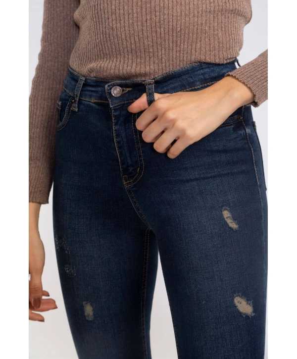 Yırtık Detaylı Skinny Jean Pantolon-LACİVERT
