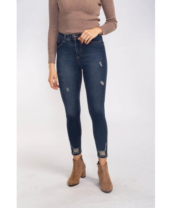 Yırtık Detaylı Skinny Jean Pantolon-LACİVERT