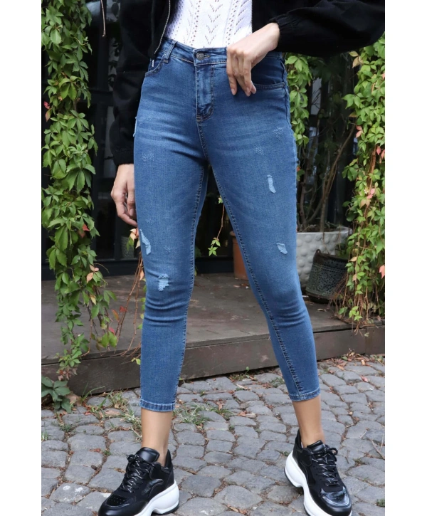 Yüksek Bel Skinny Jean Pantolon  - MAVİ