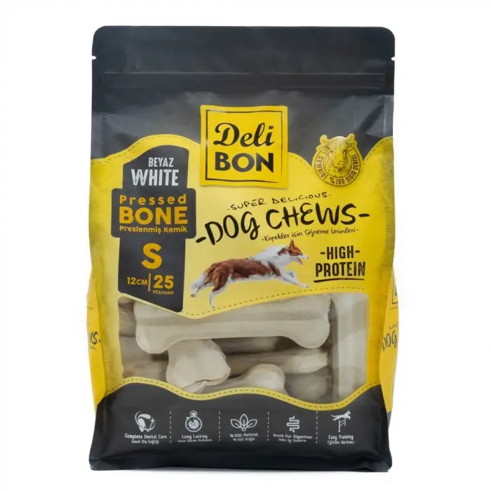 Delibon Deri Pres Kemik Köpek Ödülü Small Beyaz 12 Cm 25 Adet