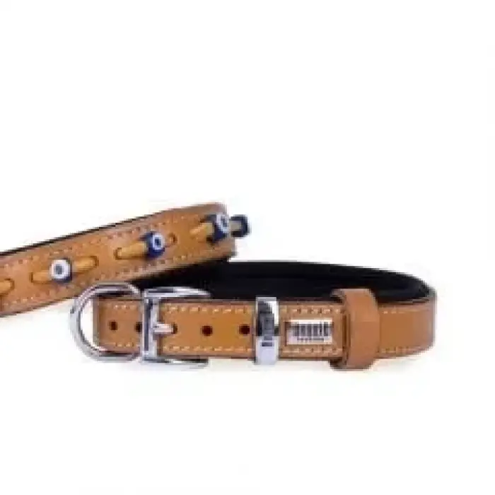 Doggie Konfor Deri Nazar Boncuklu Boyun Tasması Kamel-2xs