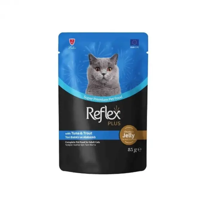Reflex Plus Jöle İçinde Et Parçacıklı Ton Balıklı Ve Alabalıklı Yetişkin Kedi Maması 85 Gr