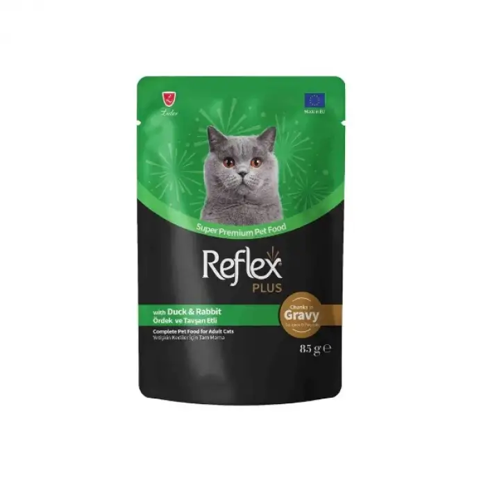 Reflex Plus Sos İçinde Et Parçacıklı Ördekli & Tavşanlı Yetişkin Kedi Maması 85 Gr