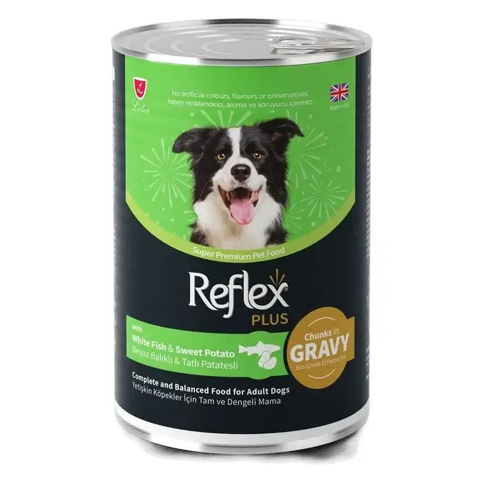 Reflex Plus Sos İçinde Parçacıklı Beyaz Balık Ve Tatlı Patatesli Yetişkin Köpek Konservesi 400 Gr