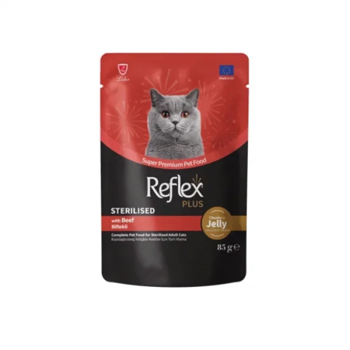 Reflex Plus Jöle İçinde Et Parçacıklı Biftekli Kısırlaştırılmış Yetişkin Kedi Maması 85 Gr