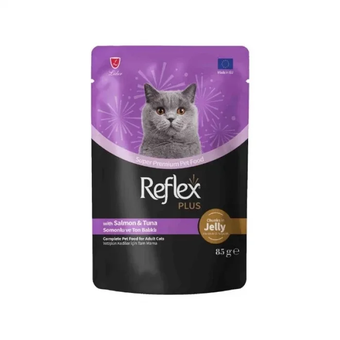 Reflex Plus Jöle İçinde Et Parçacıklı Somonlu & Ton Balıklı Yetişkin Kedi Maması 85 Gr