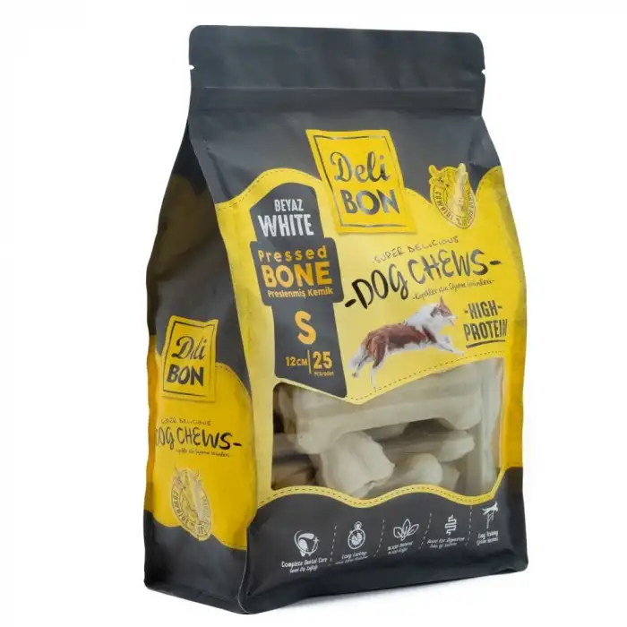 Delibon Deri Pres Kemik Köpek Ödülü Small Beyaz 12 Cm 25 Adet