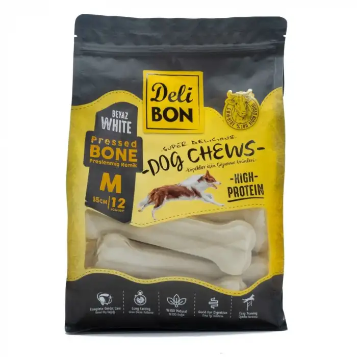 Delibon Deri Pres Kemik Köpek Ödülü Medium Beyaz 15 Cm 12 Adet