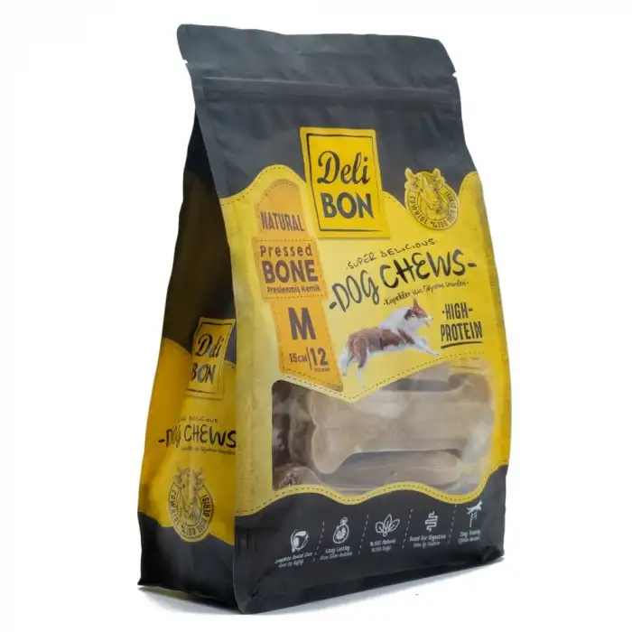 Delibon Deri Pres Kemik Köpek Ödülü Medium Naturel 15 Cm 12 Adet