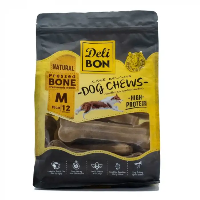 Delibon Deri Pres Kemik Köpek Ödülü Medium Naturel 15 Cm 12 Adet