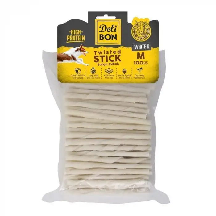 Delibon Orta Boy Deri Burgu Çubuk Köpek Ödülü Beyaz 100 Adet