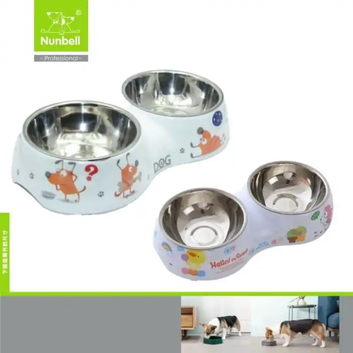 Nunbell İkili Köpek Figürlü Melamin Çelik Mama Kabı (M)