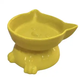 Vetinova Kedi Figürlü Ayaklı Seramik Mama Su Kabı Sarı