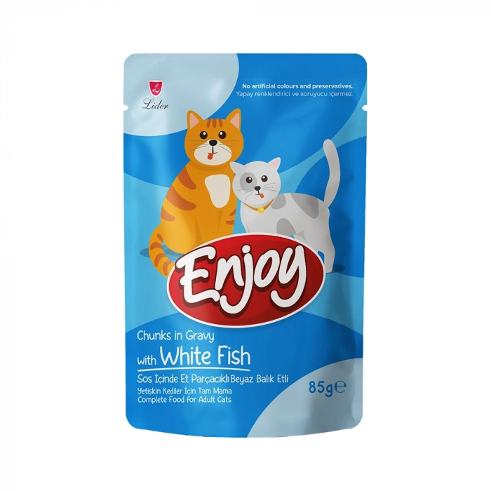 Enjoy Sos İçinde Et Parçacıklı Beyaz Balıklı Yetişkin Kedi Pouch Mama (85 g)