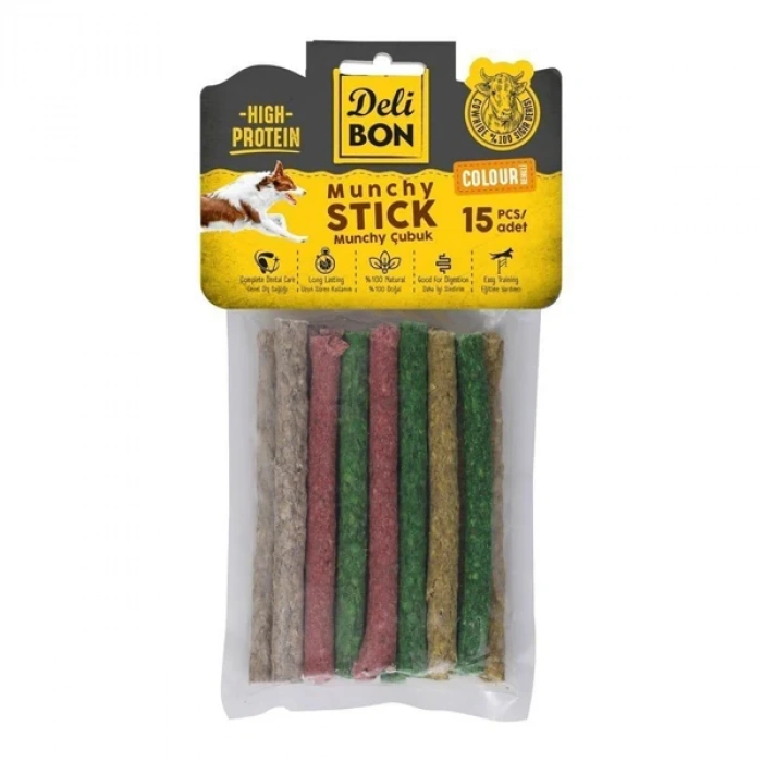 Delibon Munchy Karışık Renk İnce Deri Çubuk Köpek Ödülü 15 Adet