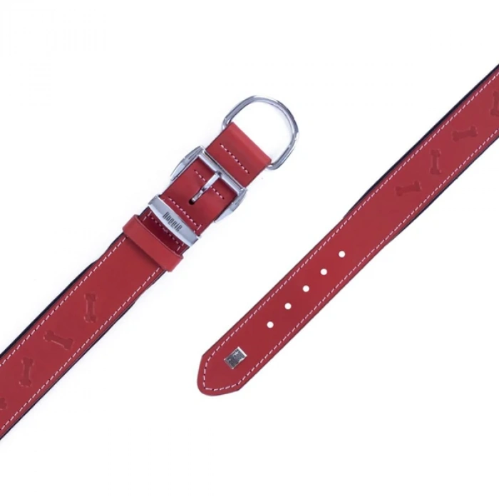 Doggie Comfort Deri Kemik Desenli Köpek Boyun Tasması Large Kırmızı 3.5x52-60 Cm