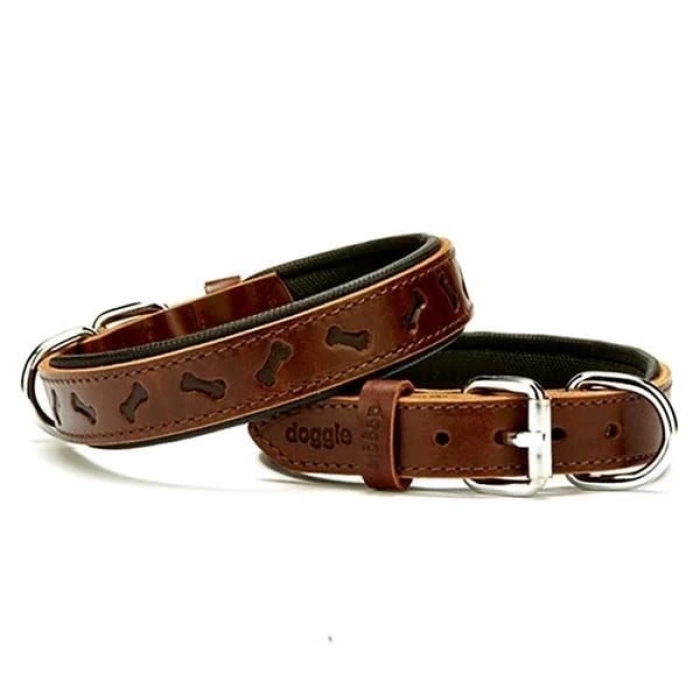 Doggie Comfort Deri Kemik Desenli Köpek Boyun Tasması Medium Kahverengi 2.5x37-45 Cm