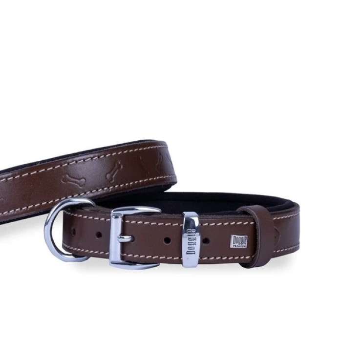 Doggie Comfort Deri Kemik Desenli Köpek Boyun Tasması Medium Kahverengi 3x42-50 Cm