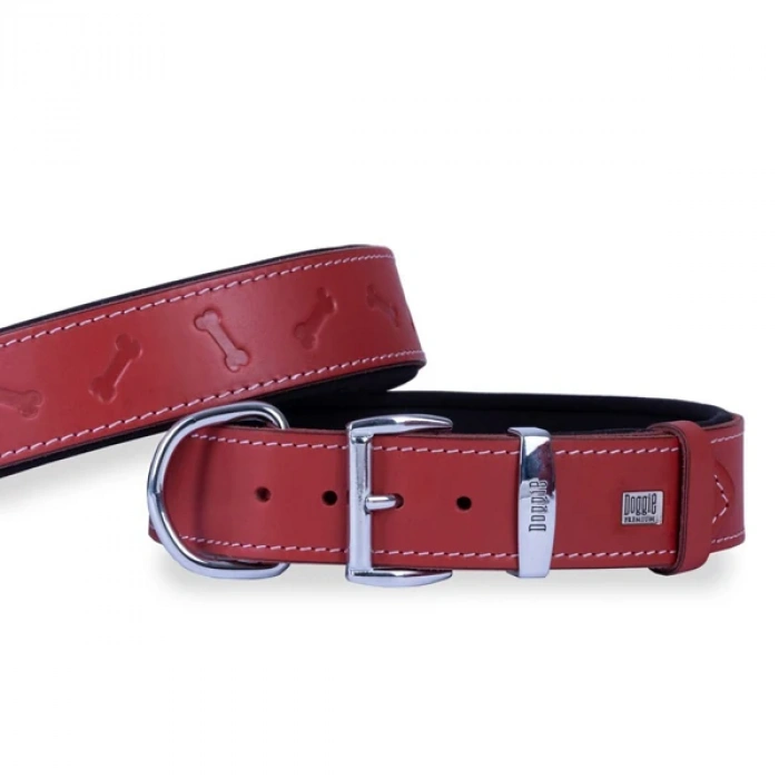 Doggie Comfort Deri Kemik Desenli Köpek Boyun Tasması Medium Kırmızı 4x52-60 Cm