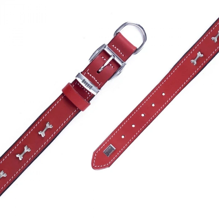 Doggie Comfort Deri Kemik Süslü Köpek Boyun Tasması Large Kırmızı 3.5x52-60 Cm