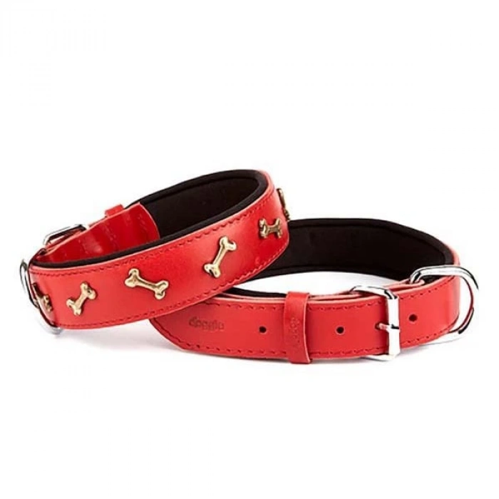 Doggie Comfort Deri Kemik Süslü Köpek Boyun Tasması Large Kırmızı 4x57-65 Cm