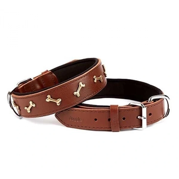 Doggie Comfort Deri Kemik Süslü Köpek Boyun Tasması Medium Kahverengi 3.5x47-55 Cm