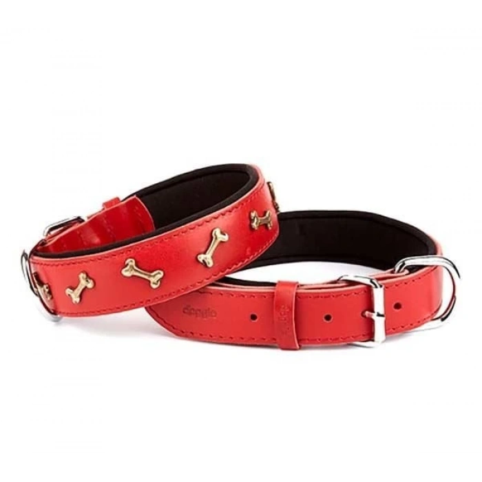 Doggie Comfort Deri Kemik Süslü Köpek Boyun Tasması Medium Kırmızı 3.5x47-55 Cm