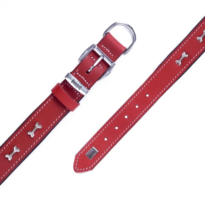 Doggie Comfort Deri Kemik Süslü Köpek Boyun Tasması Medium Kırmızı 3x42-50 Cm