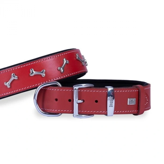 Doggie Comfort Deri Kemik Süslü Köpek Boyun Tasması Medium Kırmızı 4x52-60 Cm