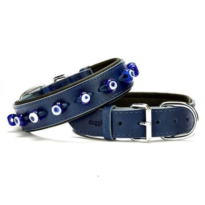 Doggie Comfort Deri Nazar Boncuklu Köpek Boyun Tasması Large Mavi 3.5x52-60 Cm