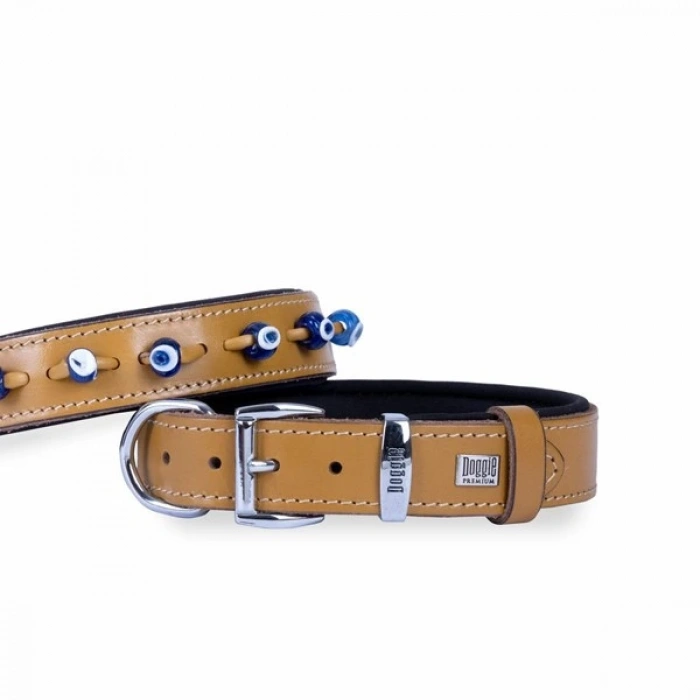 Doggie Comfort Deri Nazar Boncuklu Köpek Boyun Tasması Medium Camel 2.5x37-45 Cm