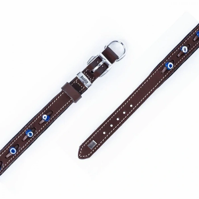Doggie Comfort Deri Nazar Boncuklu Köpek Boyun Tasması Medium Kahverengi 2.5x37-45 Cm