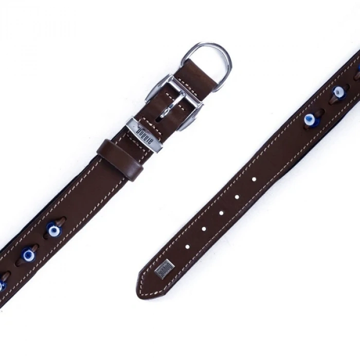 Doggie Comfort Deri Nazar Boncuklu Köpek Boyun Tasması Medium Kahverengi 3x42-50 Cm