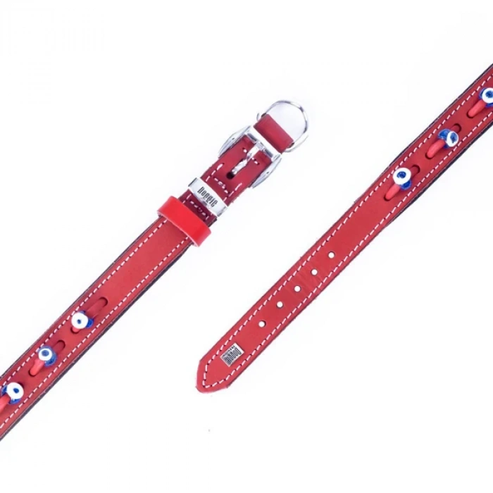 Doggie Comfort Deri Nazar Boncuklu Köpek Boyun Tasması Medium Kırmızı 2.5x37-45 Cm