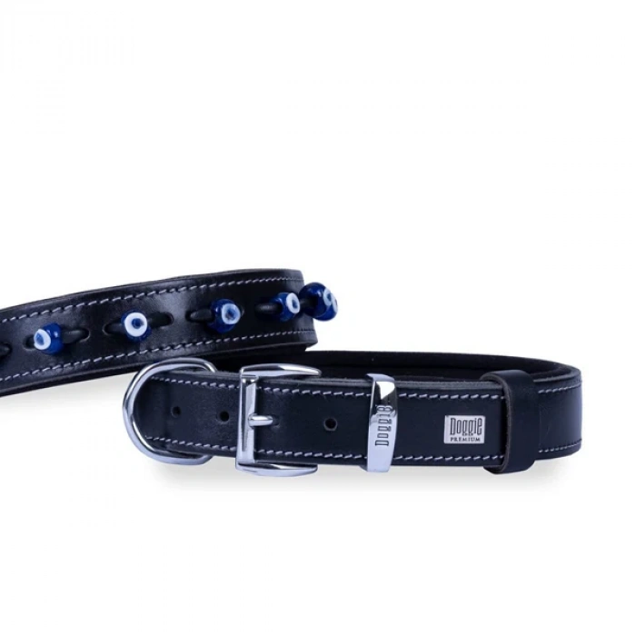 Doggie Comfort Deri Nazar Boncuklu Köpek Boyun Tasması Medium Siyah 2.5x37-45 Cm