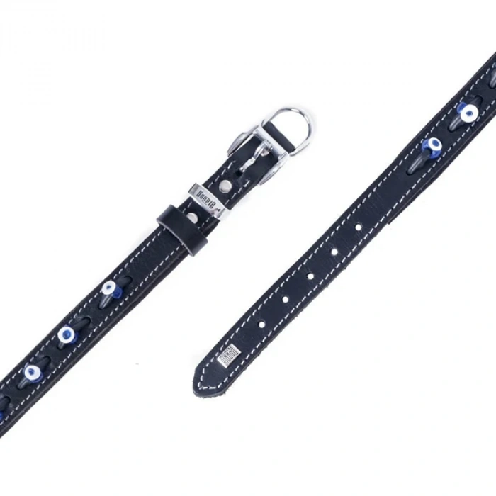 Doggie Comfort Deri Nazar Boncuklu Köpek Boyun Tasması Medium Siyah 2.5x37-45 Cm
