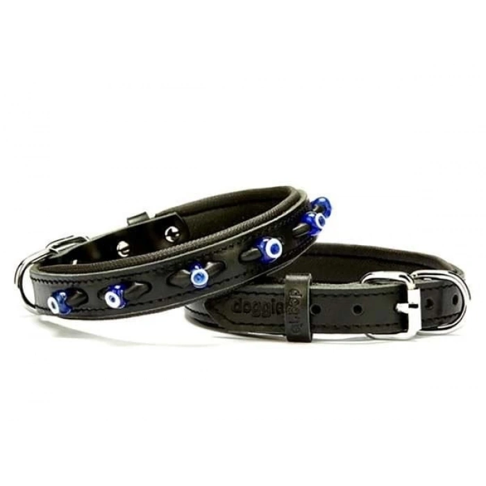 Doggie Comfort Deri Nazar Boncuklu Köpek Boyun Tasması Medium Siyah 2x35-40 Cm