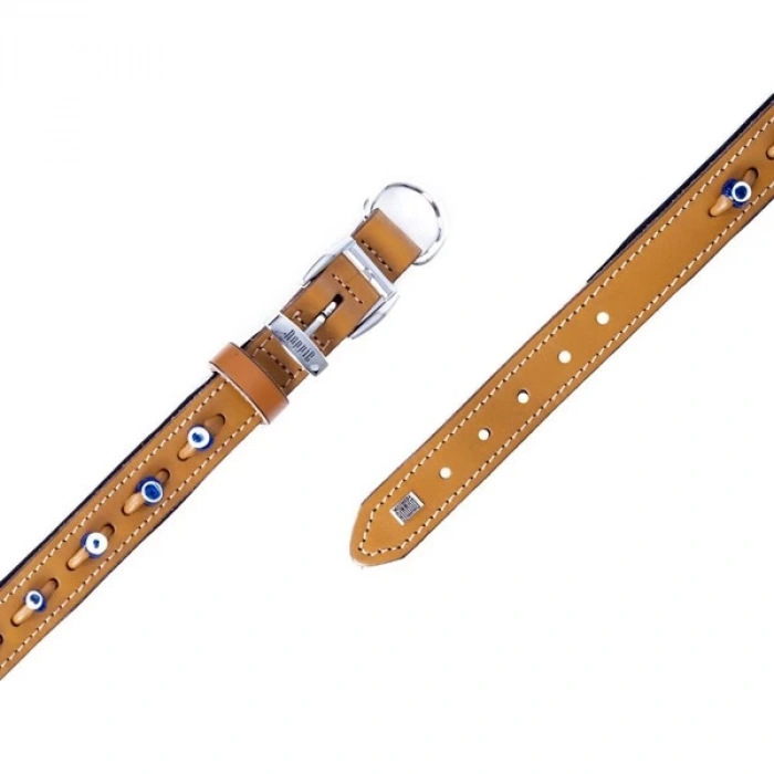Doggie Comfort Deri Nazar Boncuklu Köpek Boyun Tasması Small Camel 2x30-35 Cm