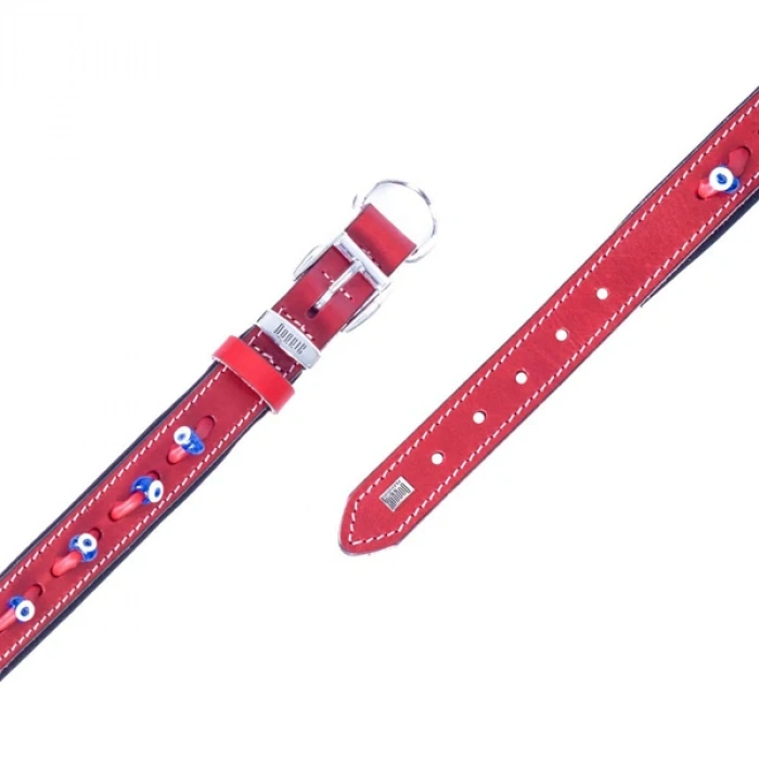Doggie Comfort Deri Nazar Boncuklu Köpek Boyun Tasması Small Kırmızı 2x30-35 Cm
