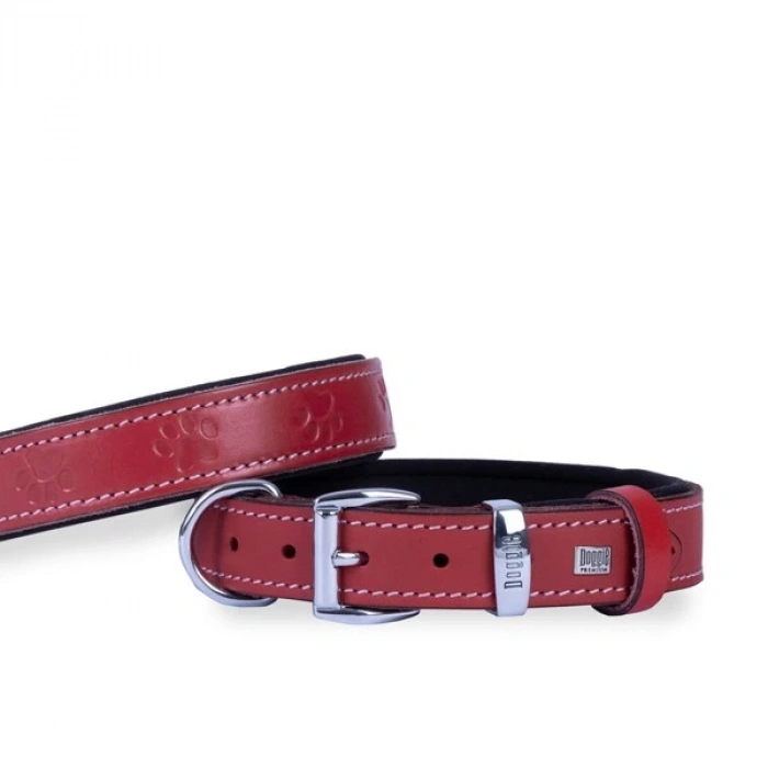 Doggie Comfort Deri Pati Desenli Köpek Boyun Tasması Medium Kırmızı 3x42-50 Cm