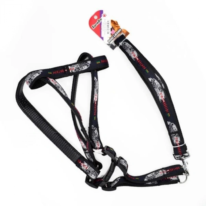 Euro Dog Köpek Uzatma Tasması ve Göğüs Tasması Takımı Siyah 26 Mm 120 Cm
