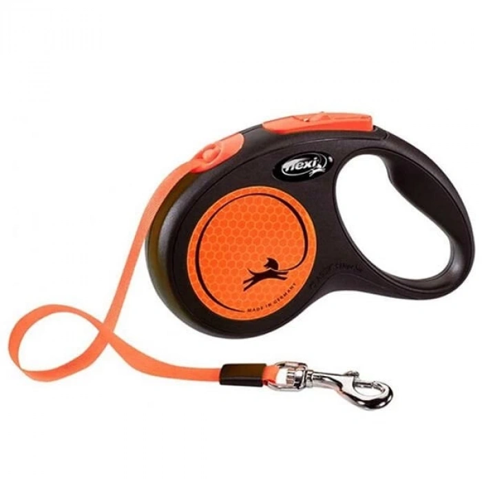 Flexi Neon Reflektörlü Şerit Otomatik Köpek Gezdirme Tasması Small Turuncu 5 Mt