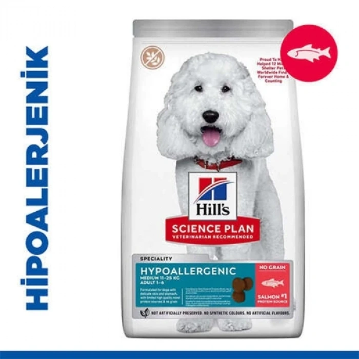 Hills Science Plan Hypoallergenic Somonlu Orta Irk Yetişkin Tahılsız Köpek Maması 10+2 Kg Hediyeli