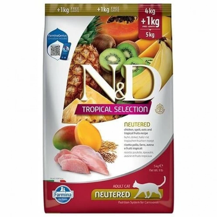 N&D Tropical Selection Tavuklu ve Tropikal Meyveli Kısırlaştırılmış Kedi Maması 4 Kg+1 Kg Hediyeli