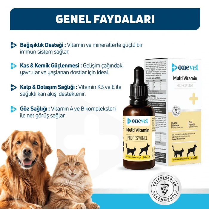 OneVet Multi Vitamin Kedi ve Köpekler İçin Gelişim ve Bağışıklık Destekleyici Damla 50 Ml