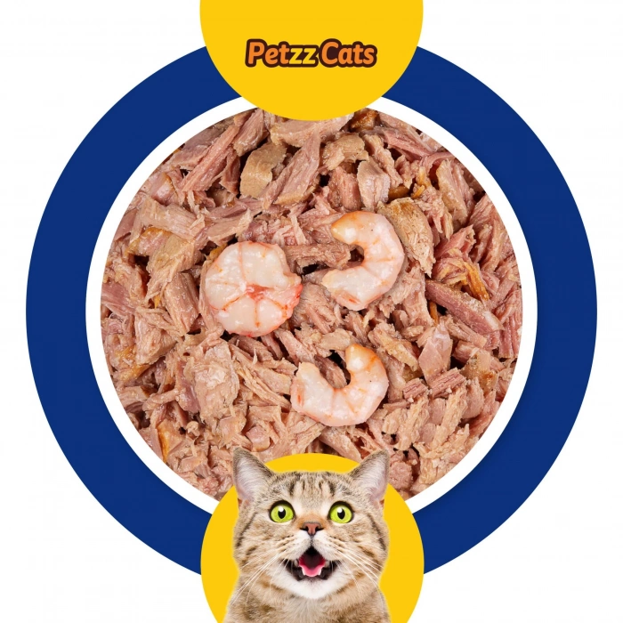 PetzzCats Lezzetli Sos İçinde Taze Fileto Ton Balıklı ve Karidesli Konserve Kedi Maması 70 Gr